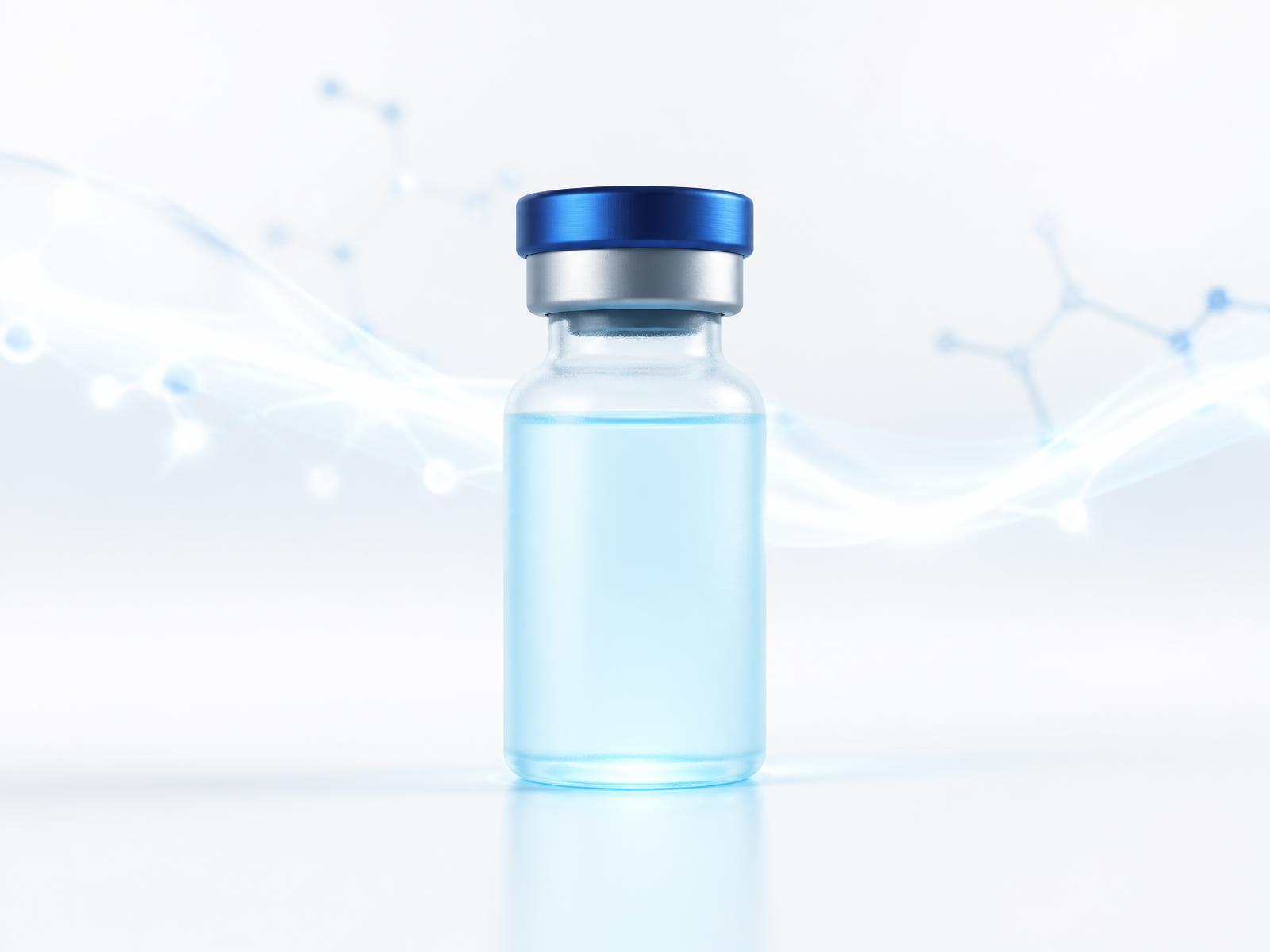 Frosted research vial with cyan-lit solution on a white surface