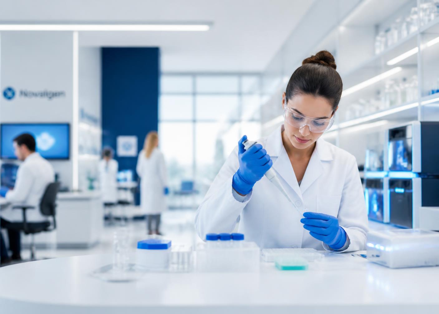 Researcher pipetting in a bright modern laboratory